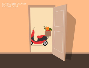 Cardboard box with vegetables on motorbike at door of living house. Food delivery from shop, cafe, restaurant. Grocery products express delivery. Vegetable . Vector illustration