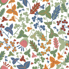 Vegetable seamless vector pattern from simple wildflowers, twigs and leaves on a white background. Colorful illustration in a flat style.