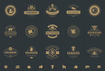 Butcher shop logos set vector illustration good for farm or restaurant badges with animals and meat silhouettes