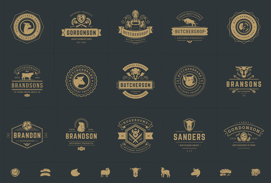 Butcher shop logos set vector illustration good for farm or restaurant badges with animals and meat silhouettes