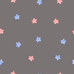 Seamless pattern. Watercolor hand painted red and blue stars on grey background. Perfect for printing on to fabric, design packaging and cover.