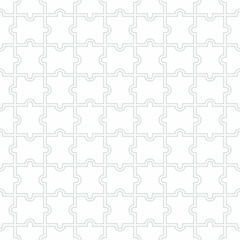 Puzzle seamless background. Grid with monochrome geometric design. Mosaic from blank puzzle pieces on white background. Vector illustration