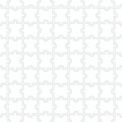 Puzzle seamless background. Grid with monochrome geometric design. Mosaic from blank puzzle pieces on white background. Vector illustration