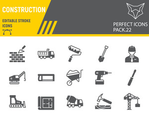 Construction glyph icon set, repair collection, vector sketches, logo illustrations, construction icons, building equipments signs solid pictograms, editable stroke.