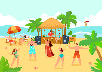 People man woman at summer beach party, vector illustration. Travel holiday at bar, happy female male character dance with cocktail. Palm, ocean, sea, flat sand at hot leisure design.
