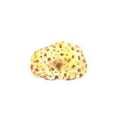 Watercolor sea sponge for body washing and self-care, isolated on a white background. Yellow washcloth for sauna and shower