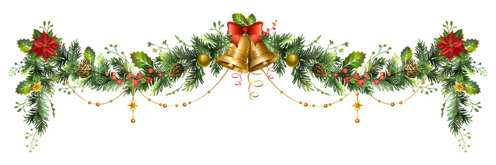 Long Christmas fir garland with jingle bells, poinsettia flower and red berries. © VETOCHKA
