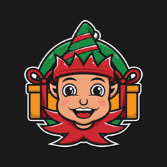 Elf cartoon character. merry christmas and new year eve. Vector badge illustration.