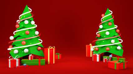 Two Christmas trees with gifts, New Year, on a red background