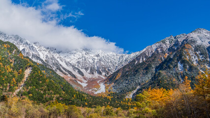 上高地　紅葉と雪　絶景