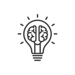 Fototapeta premium Creative idea in line icon, Creative brain in light bulb logo vector illustration, Symbol of innovation, idea, mind, thinking, solution, education 