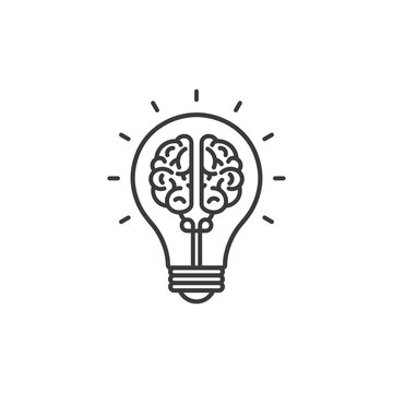 Creative idea in line icon, Creative brain in light bulb logo vector illustration, Symbol of innovation, idea, mind, thinking, solution, education 