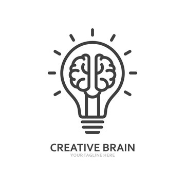 Creative brain in line icon, Creative brain in light bulb logo vector illustration, Symbol of innovation, idea, mind, thinking, solution, education 