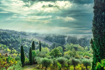 Naklejka premium Picturesque Countryside in Tuscany with Sun Through Clouds