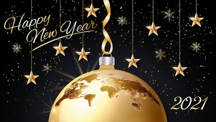 New Year 2021. Christmas. Vector background. New Year Greeting Card. Golden ball and the image of the planet Earth on a black background. Confetti, gold ribbons, stars. Place for text.