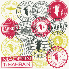 Bahrain Set of Stamps. Travel Passport Stamp. Made In Product. Design Seals Old Style Insignia. Icon Clip Art Vector.