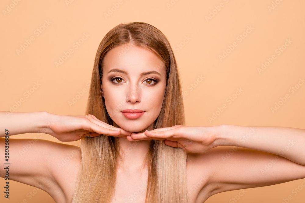 Wall mural Portrait of focused attractive charming lady concentrated place hands palm under chin relax dream dreamy have medical treatment cosmetologist isolated on beige background