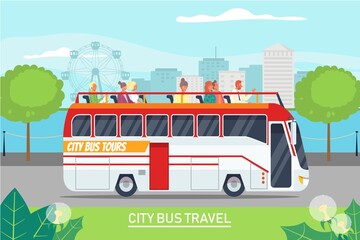 Tour excursion, tourist journey by bus, vector illustration. Flat people in tourism trip, holiday travel in city. Man woman traveler character at open transport, summer cartoon attraction service.