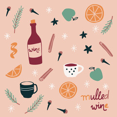Autumn winter mulled wine clip art set. Illustration doodle wine and spices. Greeting card, poster, design elements