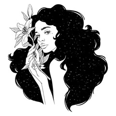 Portrait of beautiful woman with flowers. Black and white ink illustration.