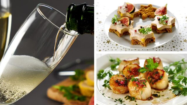 christmas or new year celebration- champaign, foie gras toast and seared scallop- french gastronomy