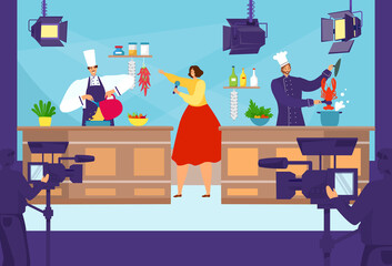 Cartoon cooking chef competition show, vector illustration. People character at television broadcast studio, cook in live tv culinary media. Woman hold microphone at podium kitchen.