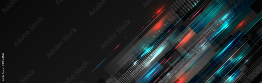 Poster Wide background with various technological elements. Hi-tech computer digital technology concept. Abstract technology communication. Neon glowing lines. Speed and motion blur over dark  background.