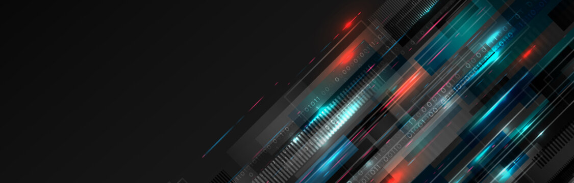 Wide Background With Various Technological Elements. Hi-tech Computer Digital Technology Concept. Abstract Technology Communication. Neon Glowing Lines. Speed And Motion Blur Over Dark  Background.