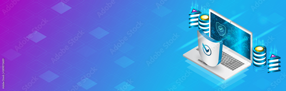 Poster Data protection, privacy, and internet security concept. Modern Cyber security for business and internet project. Data security services. Technology concept for data center with server or hosting.