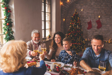 Family making a toast during Christmas dinner