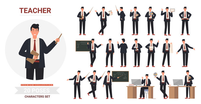 Teacher man poses vector illustration set. Cartoon professional male school teacher or professor character holding pointer or books, standing next to chalkboard in teaching postures isolated on white