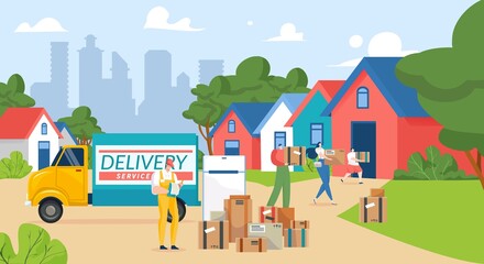 Obraz na płótnie Canvas Delivery and cartoon relocation to new home, flat box transportation service, vector illustration. Family moving box to apartment, man woman people character hold package near real estate design.