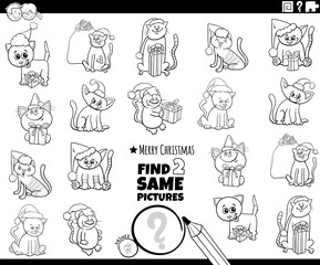 find two same kittens characters task coloring book page