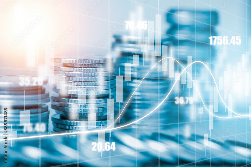 Poster double exposure of coins stacking with investment graph chart and cityscape. it is symbol of stock v