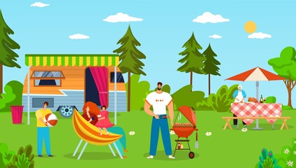 Obraz na płótnie Canvas Family summer barbecue, vector illustration. Holiday vacation at outdoor nature, camping picnic and cooking food. Man woman people character lifestyle, happy bbq in flat forest travel.