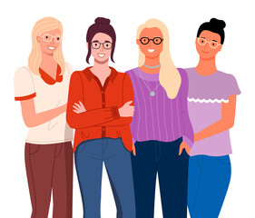 Fototapeta premium Young women in casual clothes isolated on white background. Cheerful friends girls in glasses. Smiling female characters standing straight. Colleagues team dressed in blouses and jeans portrait