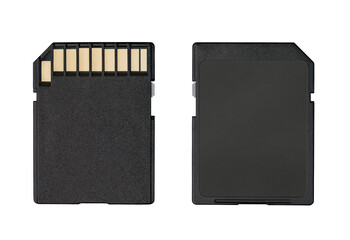 SD memory card isolated on white backdrop.