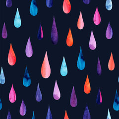 Seamless pattern. Watercolor rainbow raindrop on dark background. Fashion abstract print. Multicolored hand drawn drops. Trendy vector illustration.