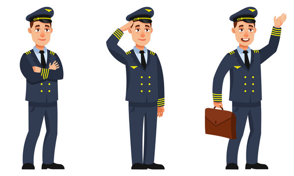 Airplane pilot in different poses. Male character in cartoon style.
