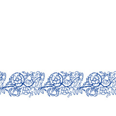 Vector seamless retro rose border. Vintage porcelain blue, hand drawn rose garland, embroidery style design. Line art florals on white background. Elegant nature background. Perefect for kitchen