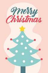 happy merry christmas card with pine tree and lettering
