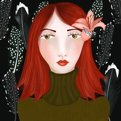 illustration of a girl in a feather background.