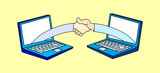 Cartoon illustration of two laptops with two arms that shake hands with each other