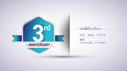 3rd anniversary invitation card for birthday celebration isolated in blue hexagon shape, vector design.
