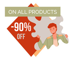 Best sale on all products banner with young man peeping from behind wall. Discount poster template. Big sale special offer. End of season special proposition banner vector illustration flat style