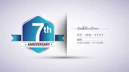 7th anniversary invitation card for birthday celebration isolated in blue hexagon shape, vector design.