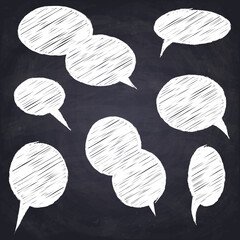 Set of hand drawn speech bubbles. Chalk drawn circle chat box. Chalkboard background. Vector Illustration.	