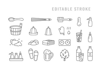 Sauna, editable stroke icons set. Linear pictogram of classic bath tools, banya accessory. Black illustration of wooden tub, ladle, hat, broom, beer mug, brush, soap, slippers. Contour isolated vector