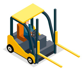 Man driving and controling the forklift vector illustration. Warehouse equipment loader, cargo delivery storage service industrial yellow forklift truck and worker driver isolated on white background
