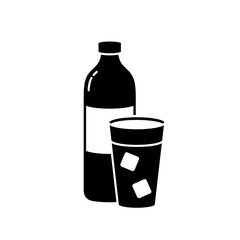 Silhouette bottle and glass with ice cubes. Outline icon of cold drink, water. Black simple illustration. Cutout isolated vector pictogram on white background